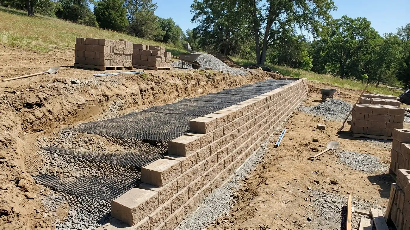 Our retaining wall process | Music City Retaining Walls A retaining wall half built with neat courses of block and geogrid layers visible in bright light