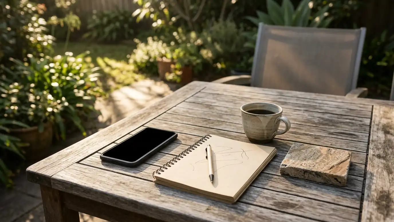 A phone with a blank screen, a coffee cup, a notepad and a block sample on a patio table in morning light