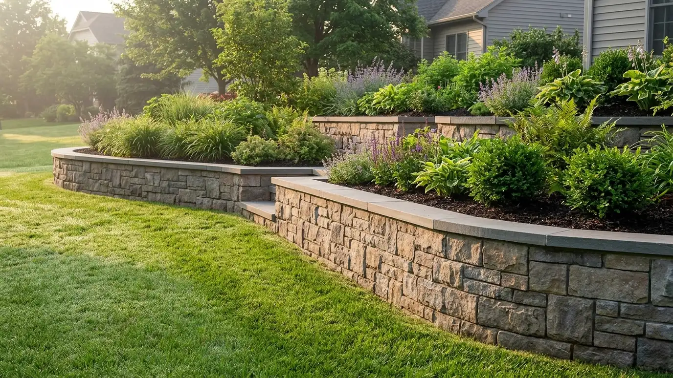 A finished retaining wall with a clean cap, lush plantings and a tidy lawn in soft morning light