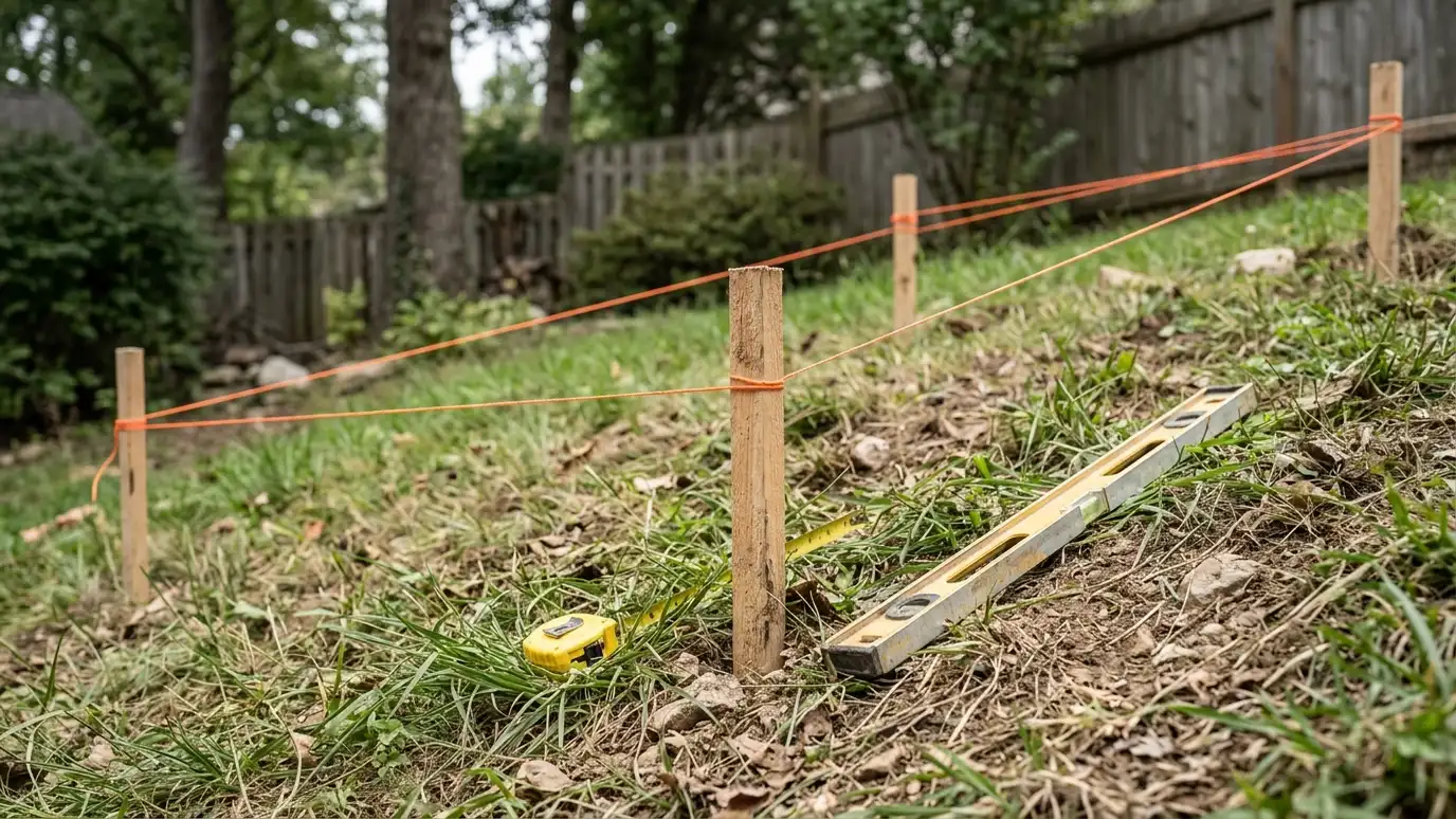 A tape measure, a level and wooden stakes with string lines on a sloped backyard