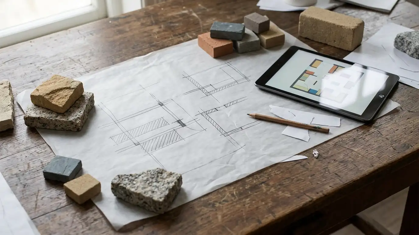 A table covered with a wall sketch, block and stone samples, a tablet showing an abstract wall layout and a pencil