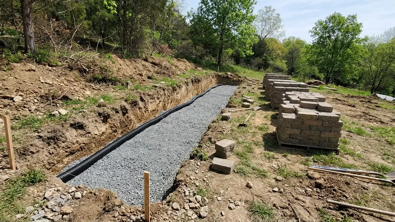 A wall site prepared with a leveled gravel base, a perforated drain pipe and stacked blocks ready to lay