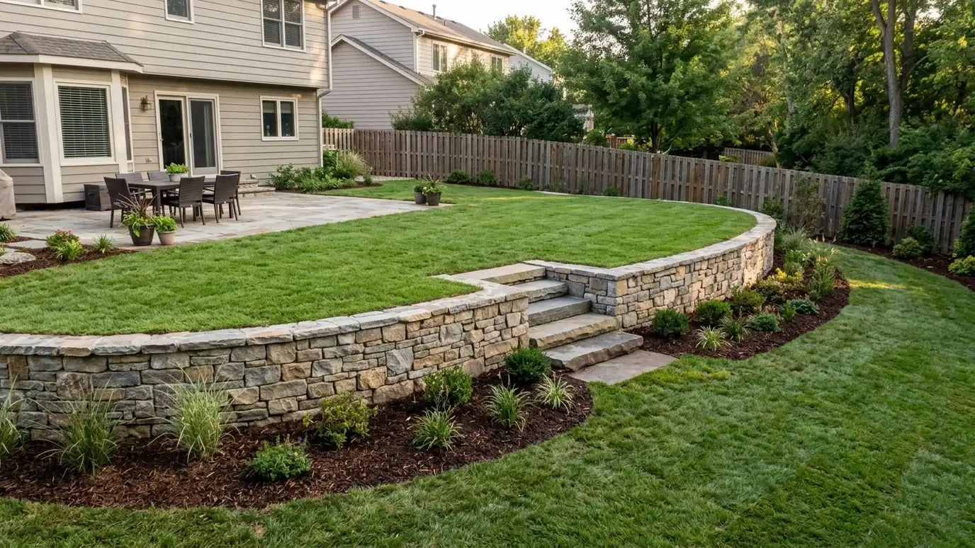 A finished terraced backyard with a curved block retaining wall, a stone wall and a green lawn in golden light