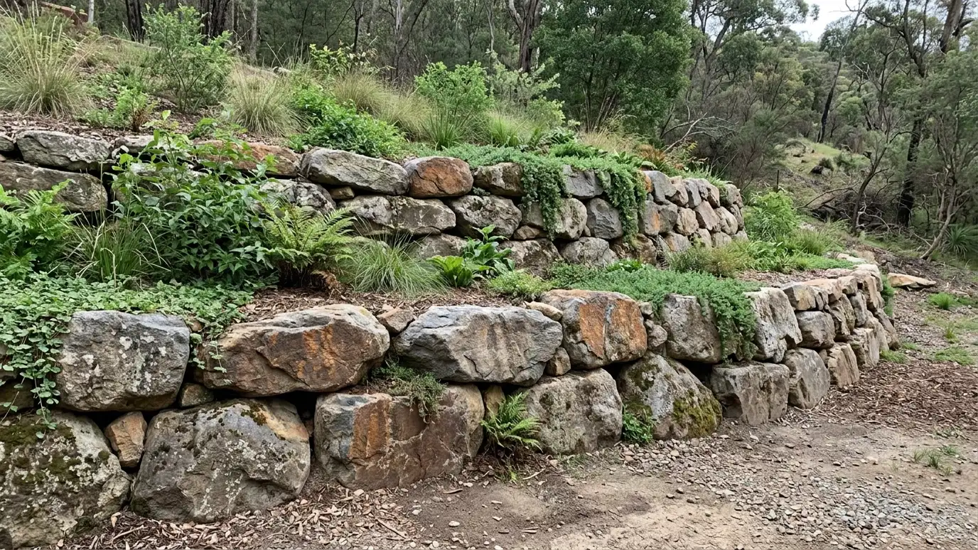 A rugged boulder retaining wall along a slope with native grasses A rugged boulder retaining wall along a slope with native grasses