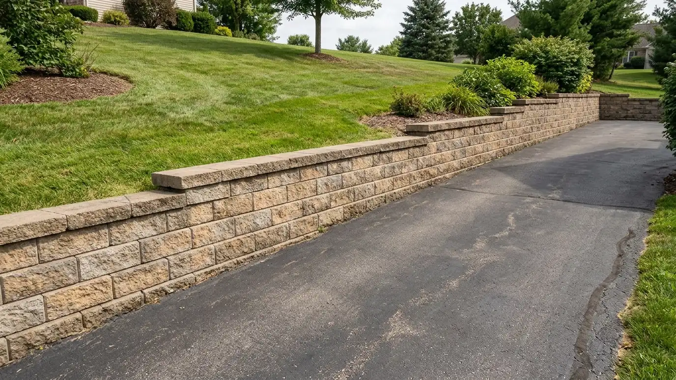 A reinforced block retaining wall along a residential driveway with a clean cap A reinforced block retaining wall along a residential driveway with a clean cap
