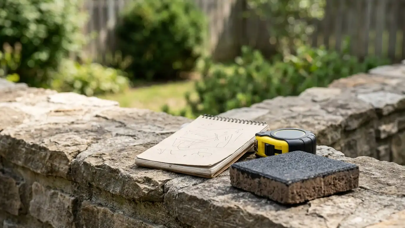 A tape measure, a notepad and a block sample on a stone ledge in a backyard
