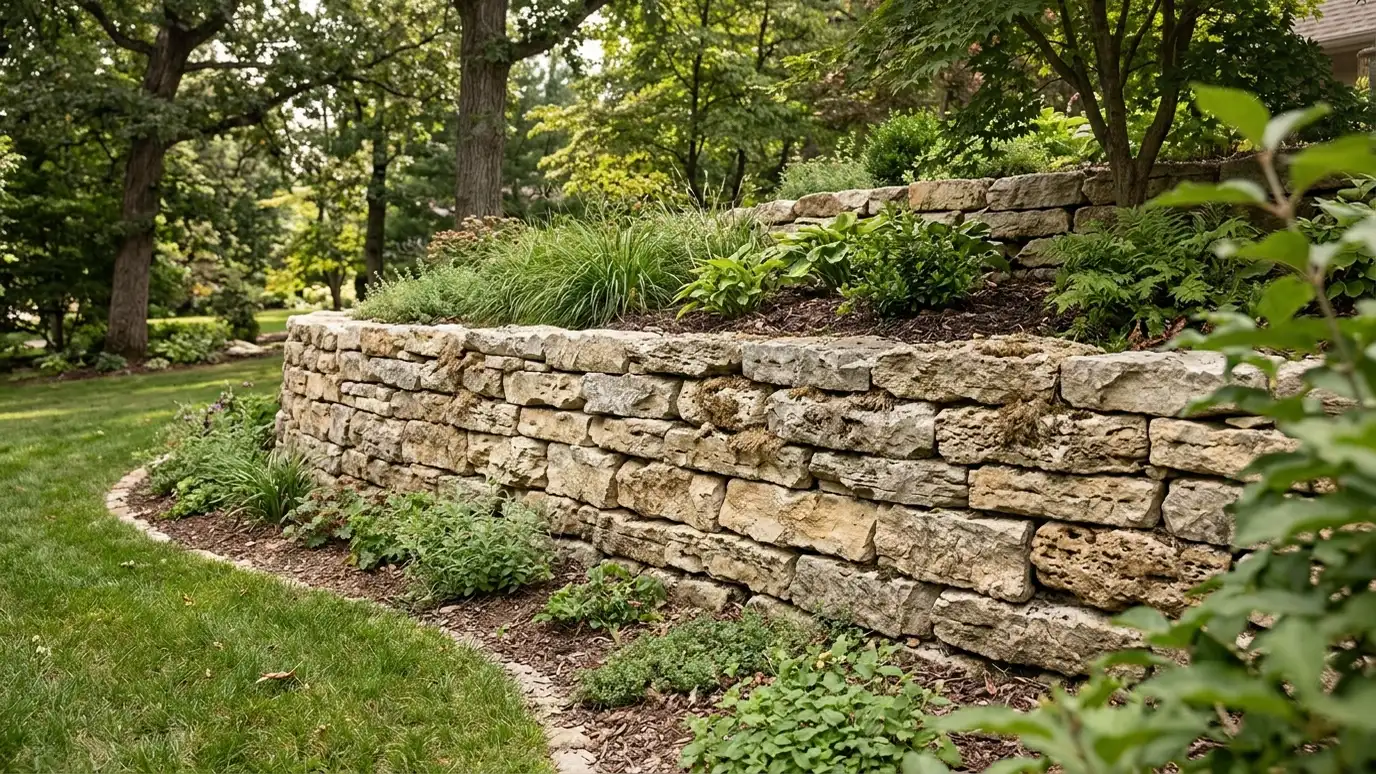 A dry-stacked natural limestone retaining wall in a garden with plantings above and below A dry-stacked natural limestone retaining wall in a garden with plantings above and below