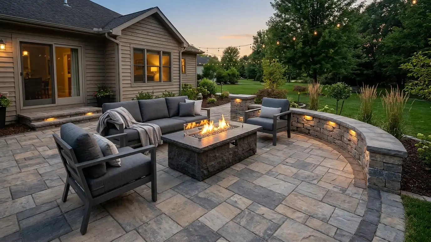 A paver patio with a retaining wall and seat wall at the edge of a sloped yard A paver patio with a retaining wall and seat wall at the edge of a sloped yard