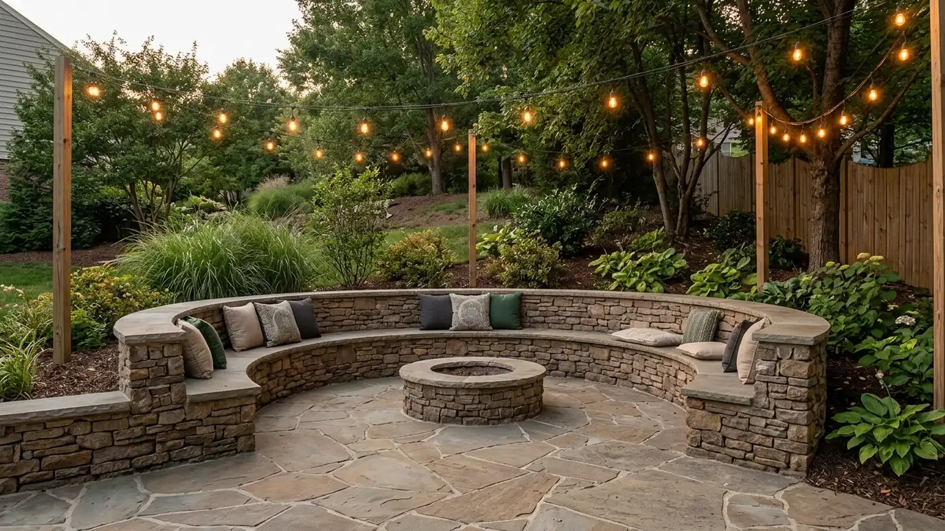 A curved stone seat wall around a patio with a wide smooth cap A curved stone seat wall around a patio with a wide smooth cap