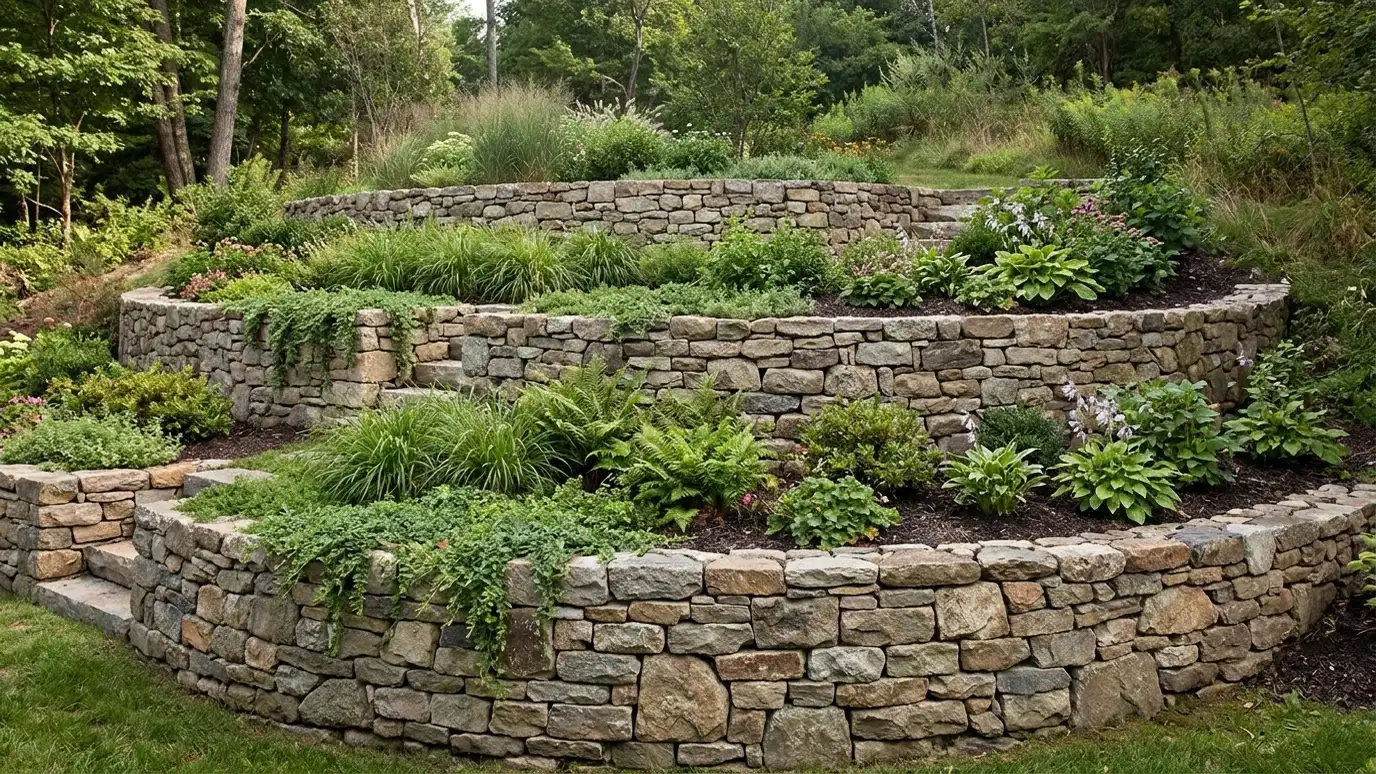 Three tiers of block retaining walls stepping up a backyard slope with planting shelves Three tiers of block retaining walls stepping up a backyard slope with planting shelves