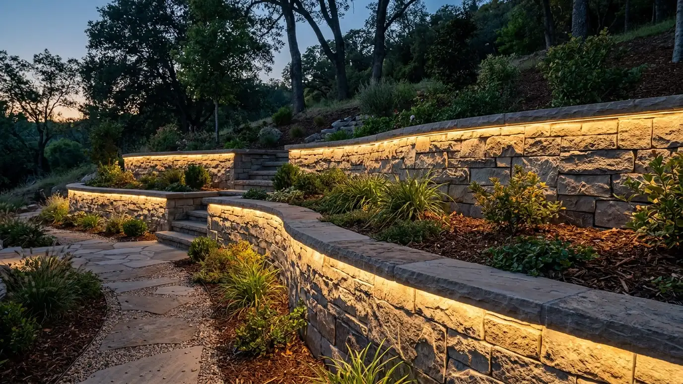 A retaining wall with warm low-voltage lights under the cap glowing at dusk A retaining wall with warm low-voltage lights under the cap glowing at dusk
